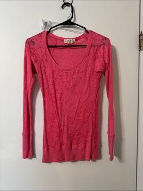 OP Long Sleeve Scoop-Neck Burnout Top - Pink